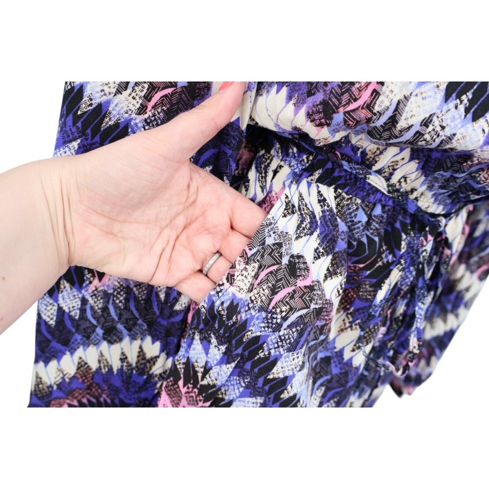 JustFab Blue Purple Abstract Surplice Romper Long Sleeve Elastic Waist S - Picture 4 of 7